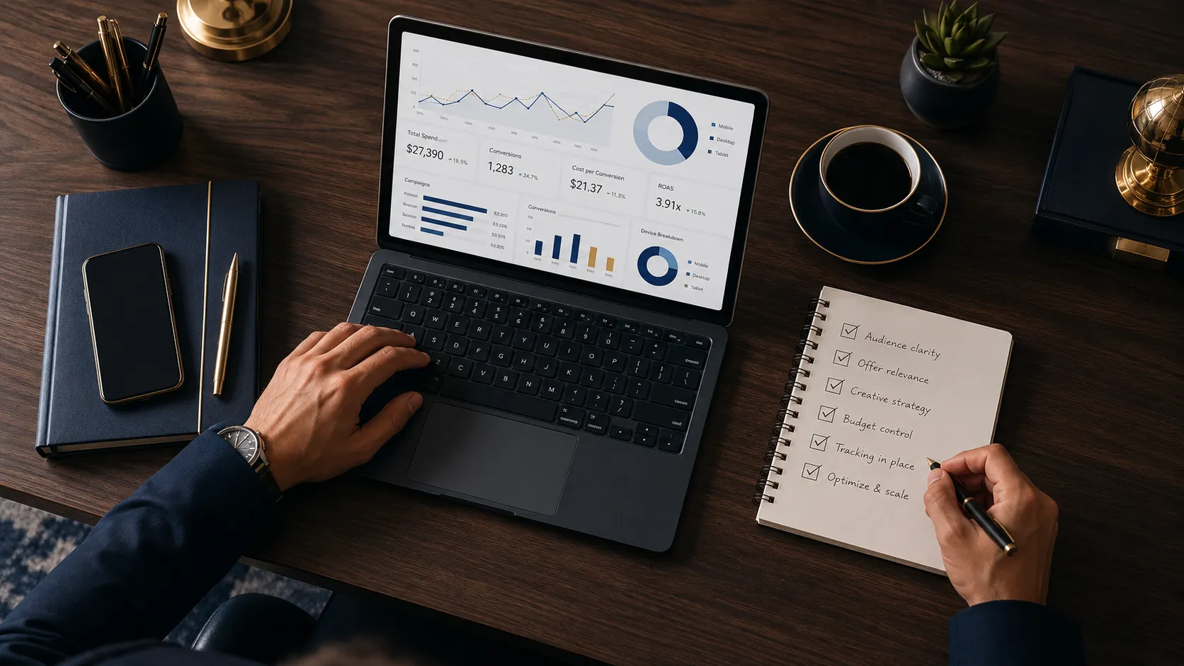 Dueño de negocio revisando métricas y un checklist en su laptop