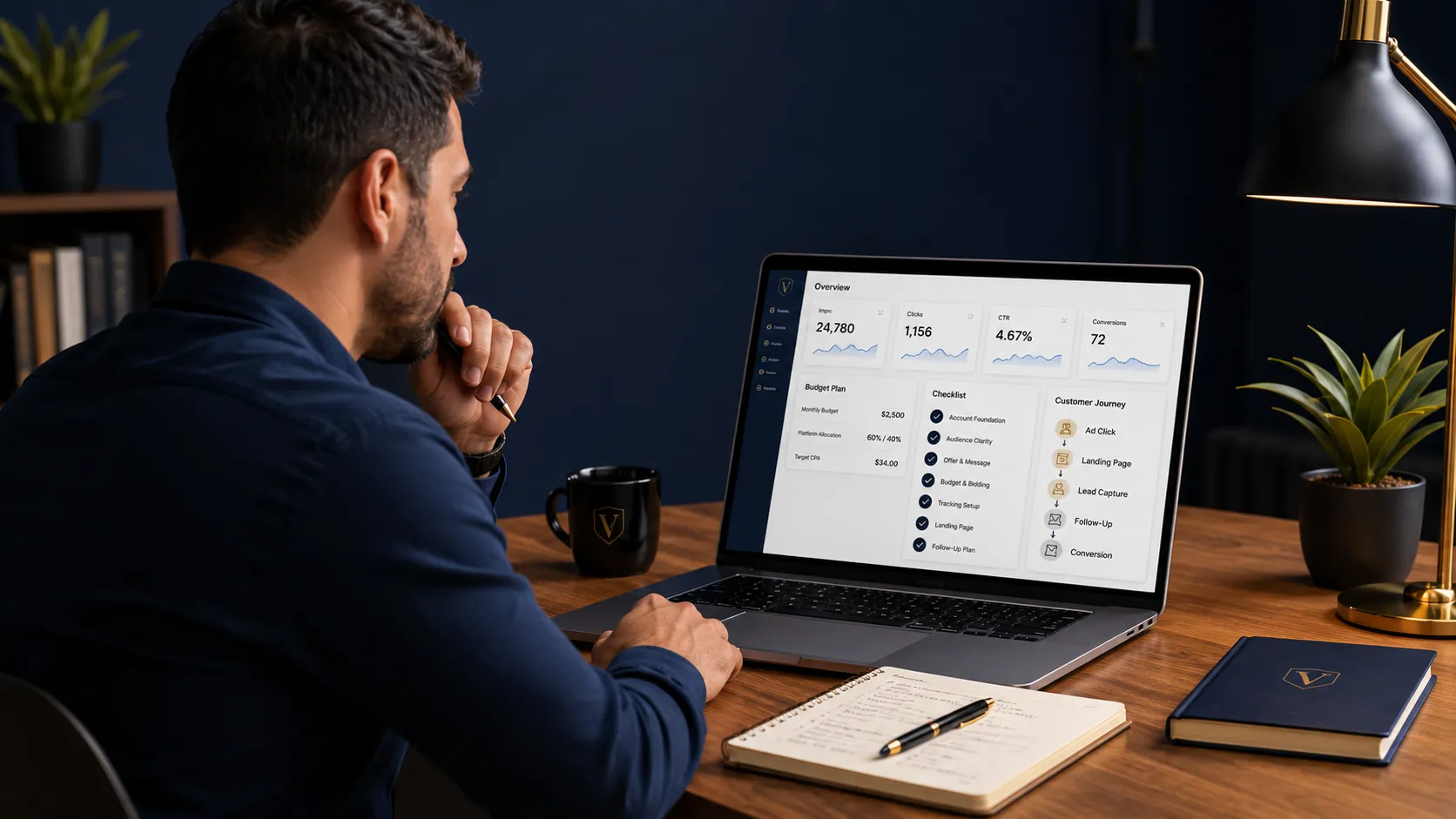 Dueño de negocio revisando métricas y el checklist en su laptop